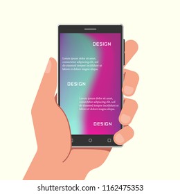 Hand holding phone with gradient mesh wallpapers. Vector illustration.