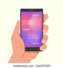Hand holding phone with gradient mesh wallpapers. Vector illustration.