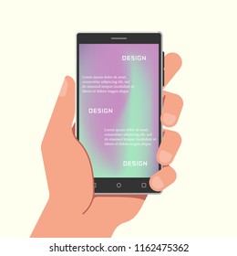 Hand holding phone with gradient mesh wallpapers. Vector illustration.