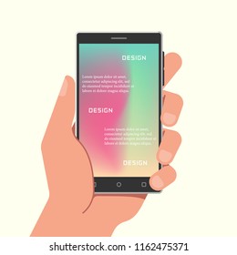 Hand holding phone with gradient mesh wallpapers. Vector illustration.
