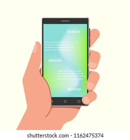 Hand holding phone with gradient mesh wallpapers. Vector illustration.