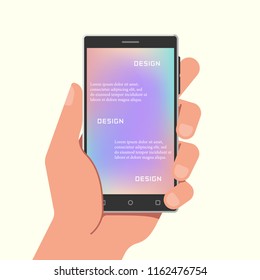 Hand holding phone with gradient mesh wallpapers. Vector illustration.
