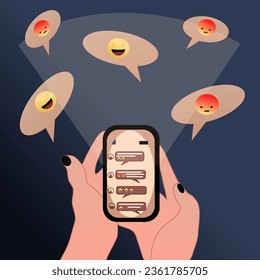 Hand holding a phone ,hate on social media , stress on the Internet messenger emoticons 