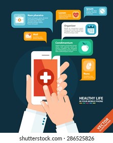 Hand holding a phone with health care app. Vector illustration in flat style