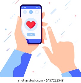 Hand Holding Phone With Heart Emoji. Romantic Communication Concept On White Background. Social Networking Concept. Vector Flat Cartoon Illustration For Web Sites And Banners Design