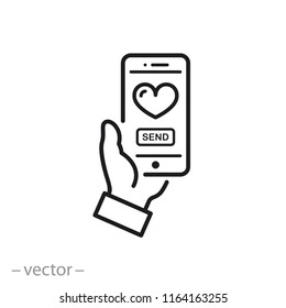 hand holding phone with heart icon, send love message linear sign isolated on white background - editable vector illustration eps10