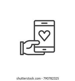 Hand Holding Phone With Heart Line Icon, Outline Vector Sign, Linear Style Pictogram Isolated On White. Sending Love Message Symbol, Logo Illustration. Editable Stroke