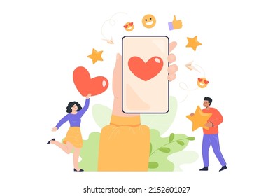 Hand holding phone with heart on screen flat vector illustration. People getting likes or feedback on social networks, sending messages, communicating with friends online. Online chat concept