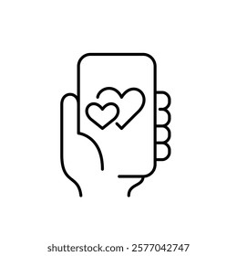 Hand holding phone with hearts on screen. Dating app, virtual relationships hub. Pixel perfect vector icon