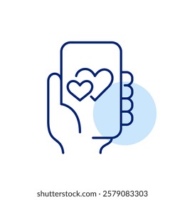 Hand holding phone with hearts on screen. Dating app, virtual relationships hub. Pixel perfect, editable stroke icon