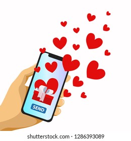 Hand holding phone with hearts. Vector illustration