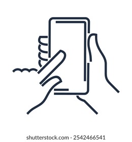 Hand holding phone, icon in bold line. Template for advertising of some mobile app or service