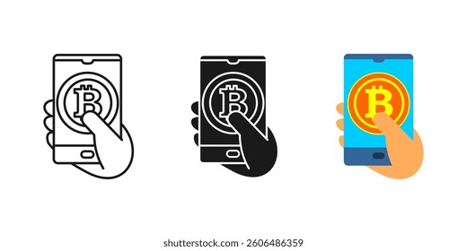 Hand holding phone icon. Crypto payment symbol. Mobile wallet illustration. Digital currency transaction graphic. Electronic finance transfer sign. Technology banking design.