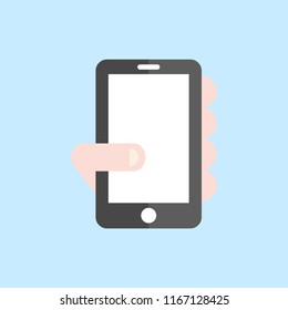 Hand holding phone icon. Isolated on blue background. Trendy icon in flat style. Template for app, ui, logo and web site. Vector illustration, EPS 10