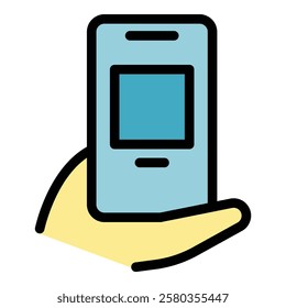 Hand holding phone icon outline vector. Hold cellphone. Smart mobile color flat