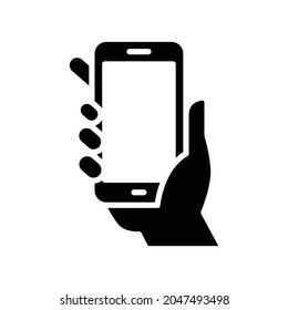 Hand holding phone icon. Simple solid style. Smartphone, cellphone, telephone, call, cellular, touch, web, internet concept. Vector illustration isolated on white background. EPS 10