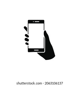 Hand holding phone icon. Simple solid style. Smartphone, cellphone, telephone, call, cellular, touch, web, internet concept. Vector illustration isolated on white background. EPS 10