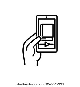 Hand holding phone icon. Streaming tutorial pictogram for web. Line stroke. Simple symbol isolated on white background. Outline icon vector eps10