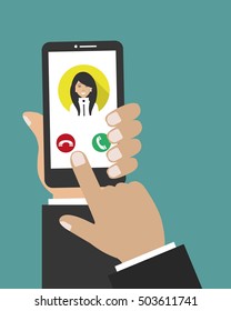 Hand holding phone icon. Vector illustration. There is woman's photo on the display of the smartphone in the picture
