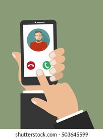 Hand holding phone icon. Vector illustration. There is man's photo on the display of the smartphone in the picture