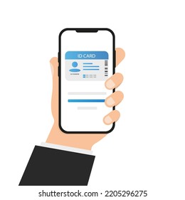 Hand holding phone, ID card on phone. Vector illustration