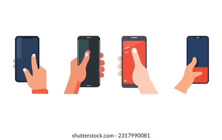 Hand holding a phone. illustration in flat style, Hand holding smartphone icon. Simple outline style. Hold mobile phone with white screen. Thin line vector illustration isolated on white background.