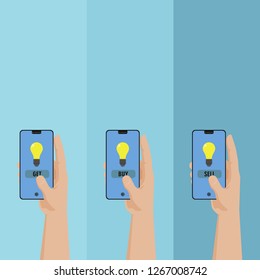 Hand holding phone include idea symbol and text get buy sell. Symbol of online exchange of idea.