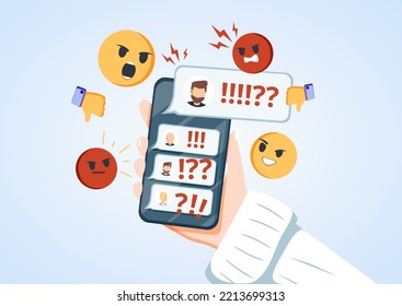 Hand Holding Phone With Incoming Bullying Message In Chat Cartoon Illustration. Harassment Problem. Cyber Bully In Social Media Side Effect. 3D Online Dislike Icon In Social Media, Cyber Bully Mockery