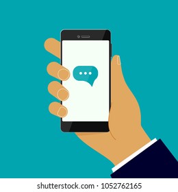 Hand holding a phone with incoming message. Vector Illustration.