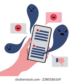 Hand halten Sie ein Telefon mit eingehenden negativen Kommentaren, wütenden Emotionen Gesichter und Ungern, Konzept der Internet-Cyber-Mobbing, soziale Medien Belästigungen. Einzelne Vektorgrafik