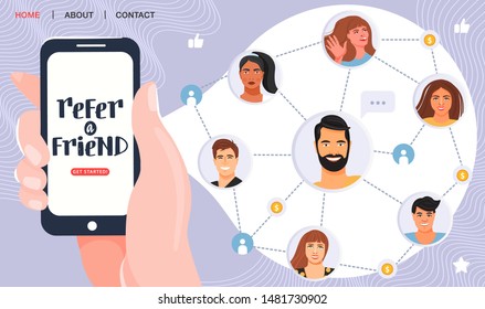 Hand holding phone and invites his friends to referral program. Referral network scheme, which contains people avatars connected to each other. Network marketing concept. Landing page. Vector.