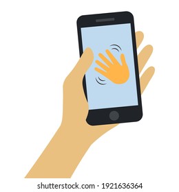 Hand holding phone isolated on white background. Social network chatting with friends. Clubhouse audio chat. Vector illustration.