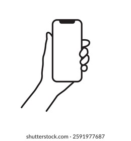 Hand holding phone isolated on a white background. Outline sign of a hand holding phone