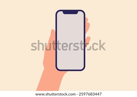 Hand holding phone isolated on pale orange background. Flat illustration with hand holding phone