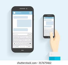 Hand Holding Phone With Keyboard. Phone Message Template. Phone Icon. Flat Long Shadow. Vector Illustration - Stock Vector