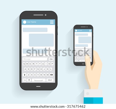Hand Holding Phone with Keyboard. Phone Message Template. Phone icon. Flat long shadow. vector illustration - stock vector