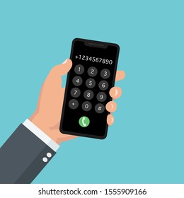 Hand holding the phone with the keypad with numbers on the screen. User interface keypad for smartphone. Keyboard template in touchscreen device. Vector illustration 