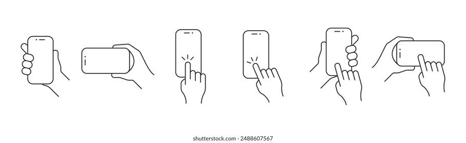 Hand holding phone line icon set. Communication, call, send a message, smartphone, device, personal, user, internet connection. Technology concept. Vector line icon for Business and Advertising