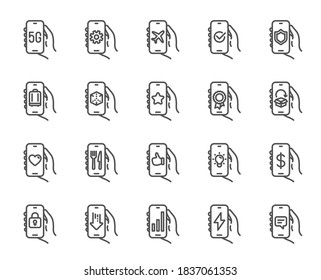 Hand Holding Phone line icons. Smartphone Screen, Airplane Mode, 5g Network. Approved Phone app, Return Distribution Package, Like hand line icons. Charge cellphone, sms message. Vector
