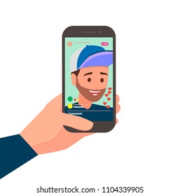 Hand holding phone with Live Streaming app. Internet marketing and social media concept.