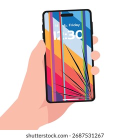 Hand holding a phone with lock screen wallpaper on a broken display showing rainbow lines.