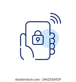 Hand holding phone with lock and wifi symbol. Protected data transfer through vpn and other means. Pixel perfect icon