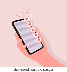 Mano sosteniendo el teléfono con amor o mensajes de notificación similares, concepto de diseño del día feliz de San Valentín - Ilustración vectorial. Eps10