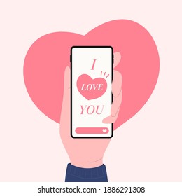 Hand holding phone with i love you messages, Happy Valentines day design concept.