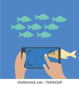 hand holding phone and make a video in water with many fish like people group going to the work & doing same Except one fish. against current. be diffrent & upsream vector cartoon flat design isolated