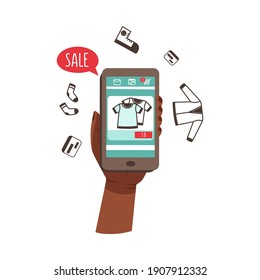 Ilustración de vectores de compra y pedido de Internet con teléfono de mano