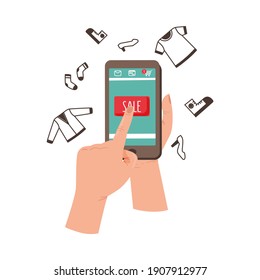 Hand Holding Phone Making Internet Purchase and Order Vector Illustration