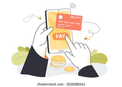 Hand holding phone and making purchase using credit card. Person touching button on digital banking app flat vector illustration. Online shopping, electronic commerce, money concept for website design