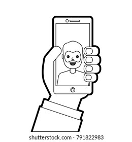 hand holding phone with man on screen talking