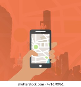 Hand holding phone with map application. GPS location map for mobile device.